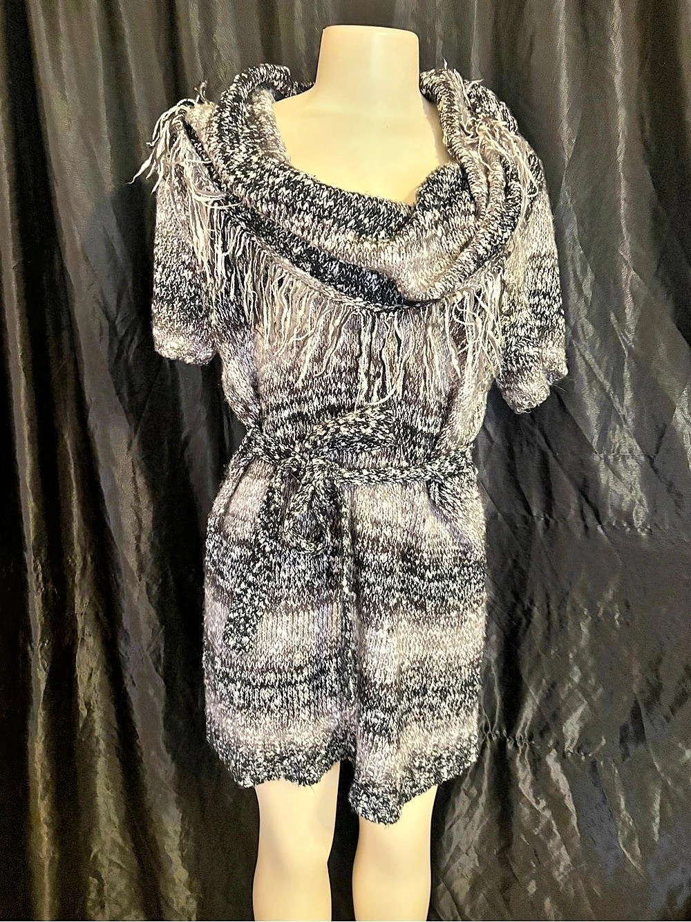 CATO Cowl Neck Fringe Sweater Gray & Black XL Like New